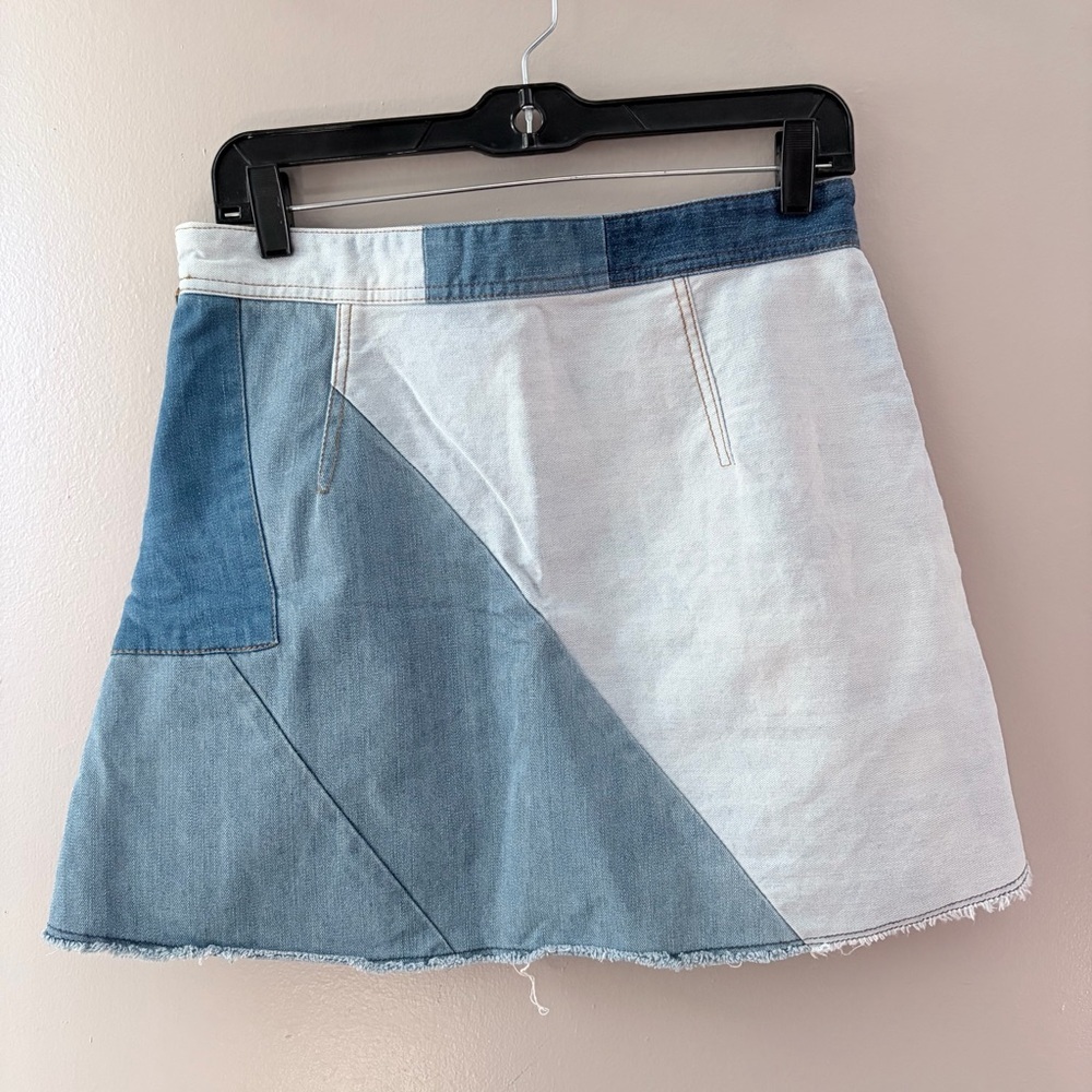 Zara Patchwork Denim Mini Skirt Raw Hem Blue M - Picture 3 of 7